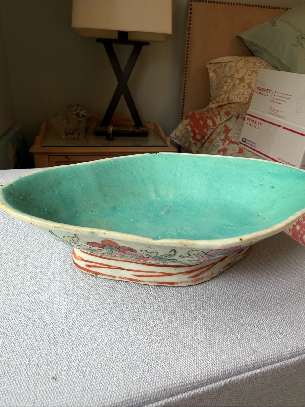 Antique Chinese Handcrafted Turquoise Ceramic Decorative Bowl with Flowers